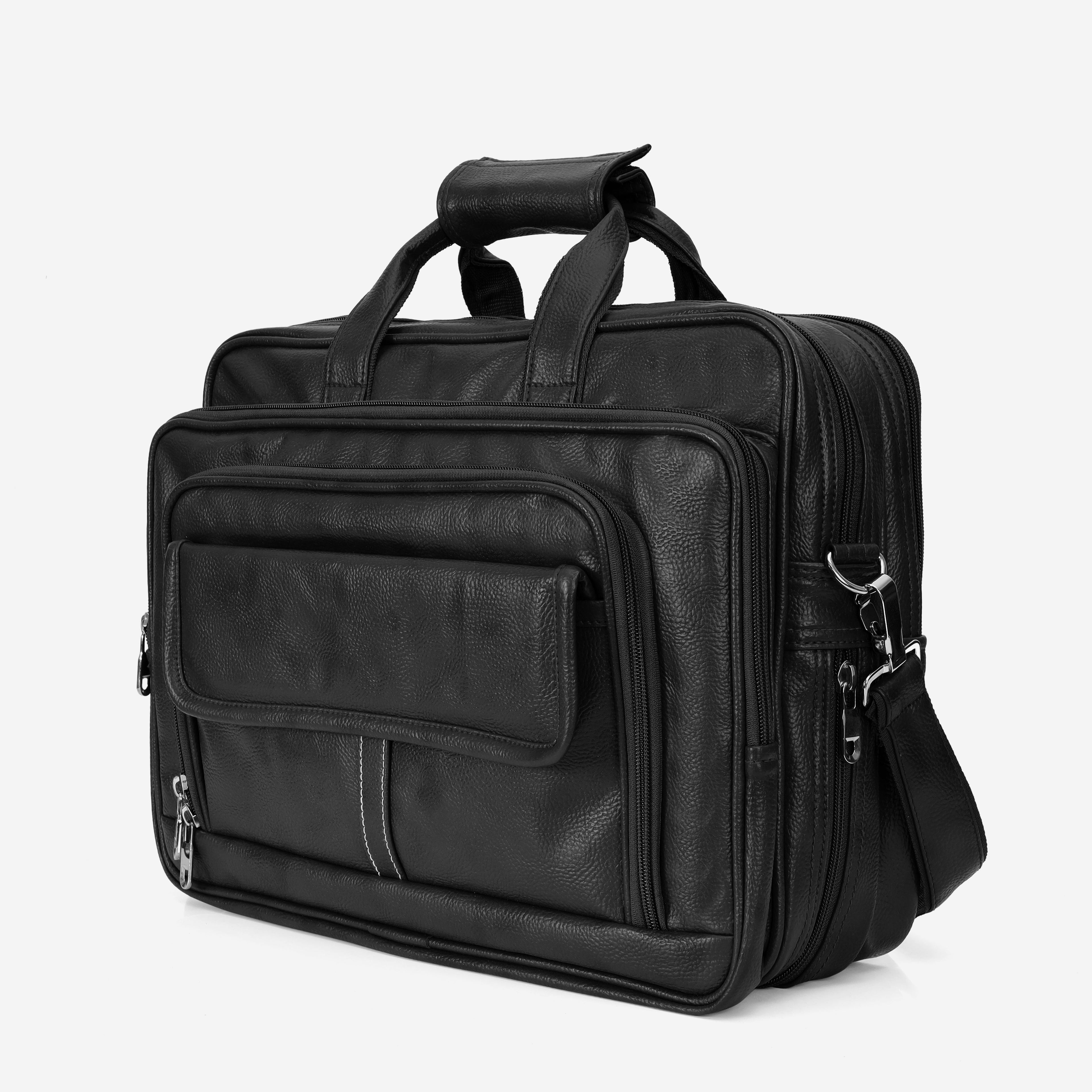 Midnight Black leather executive briefcase detail