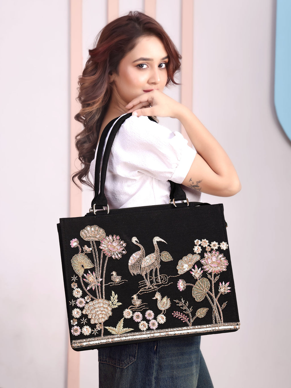 Elegant Black Crane & Lotus Embroidered Tote Bag