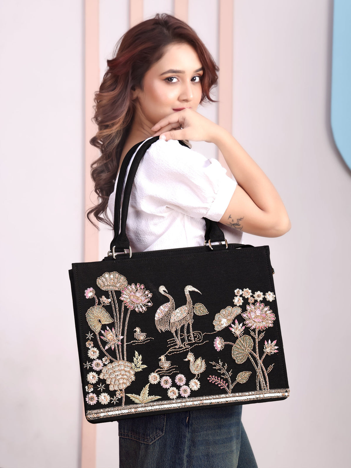 Elegant Black Crane & Lotus Embroidered Tote Bag