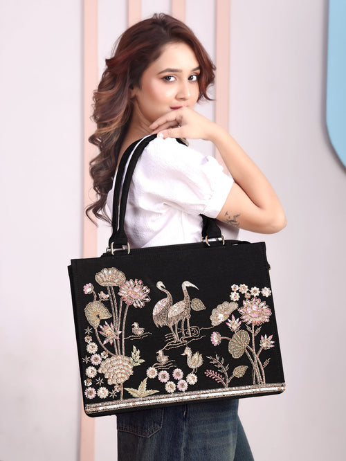 Elegant Black Crane & Lotus Embroidered Tote Bag