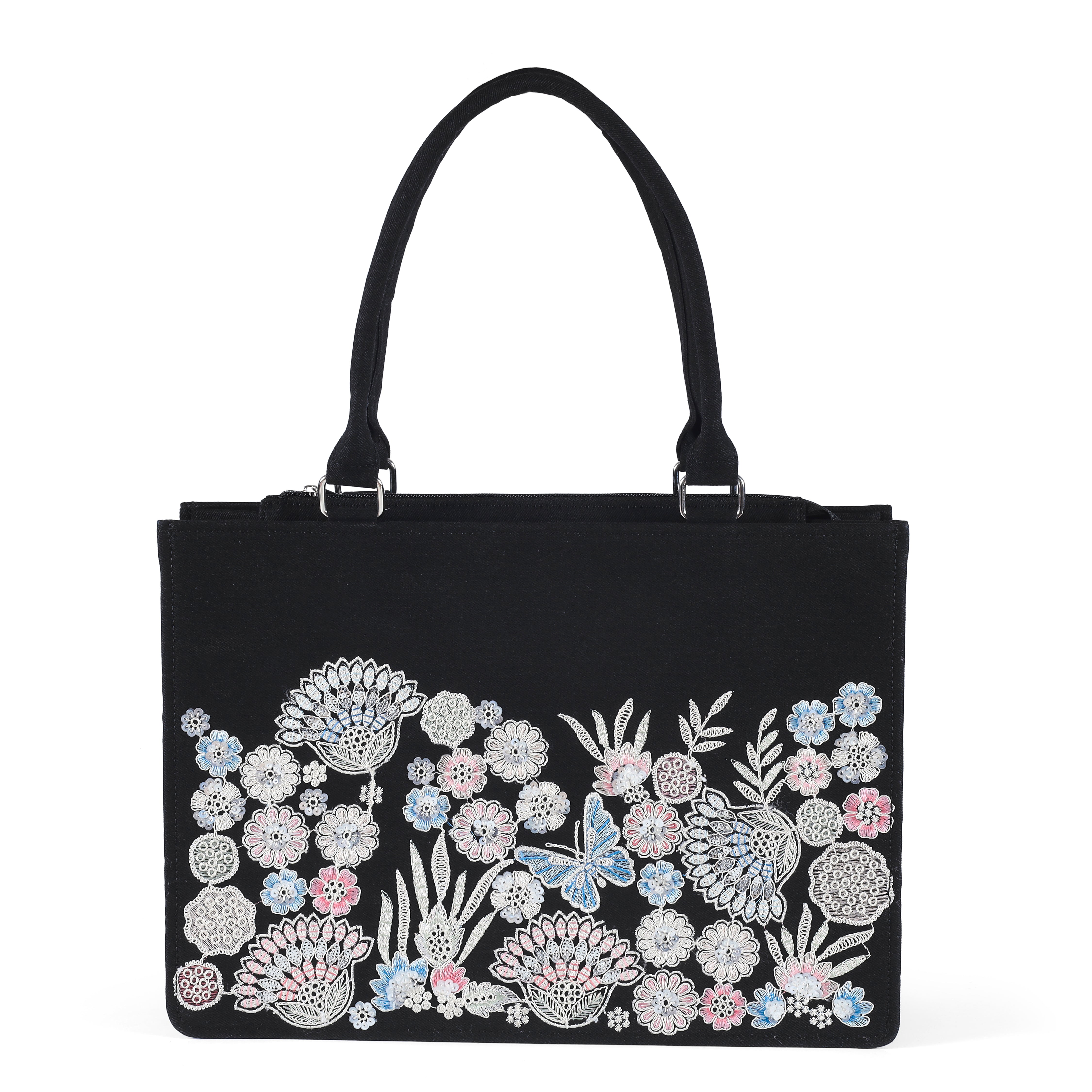 Elegant Black Floral & Butterfly Embroidered Tote Bag