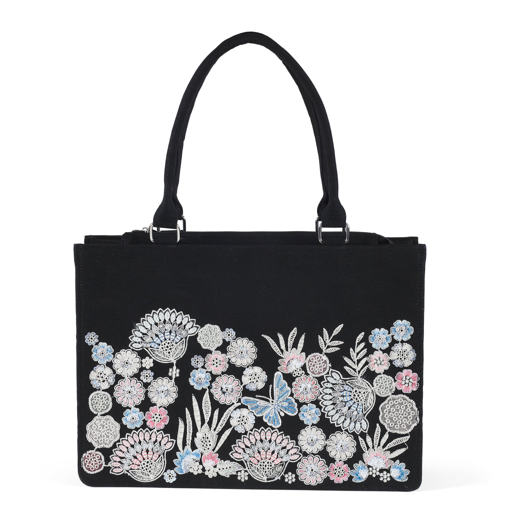 Elegant Black Floral & Butterfly Embroidered Tote Bag