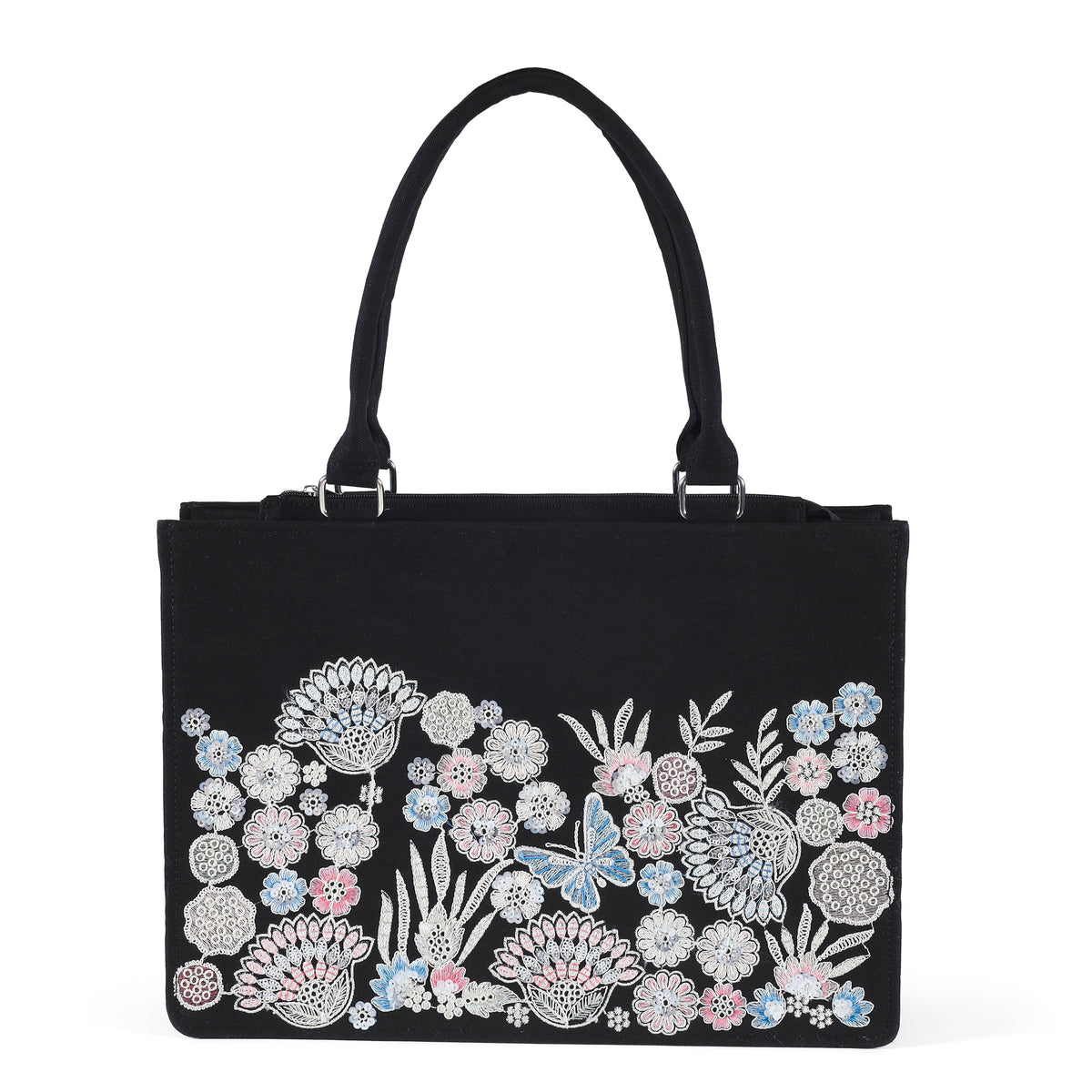 Elegant Black Floral & Butterfly Embroidered Tote Bag