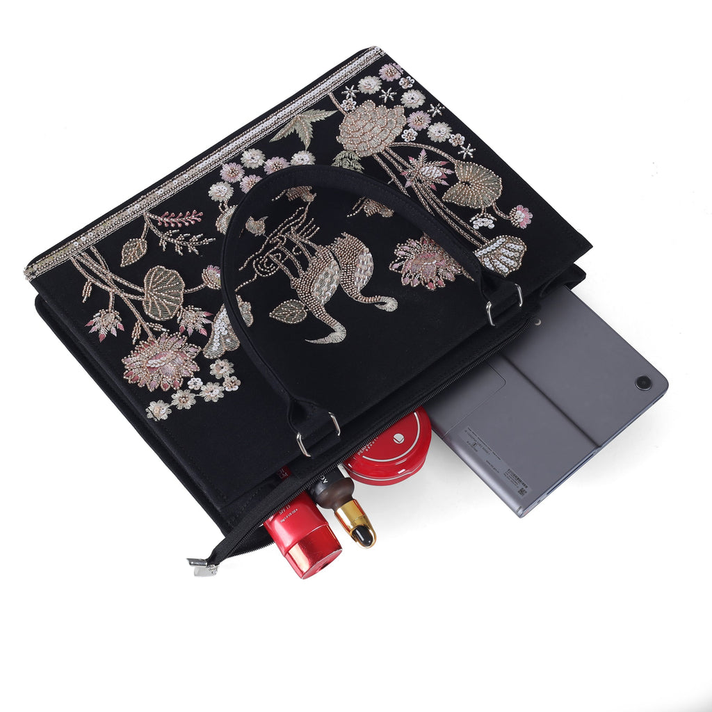 Elegant Black Crane & Lotus Embroidered Tote Bag