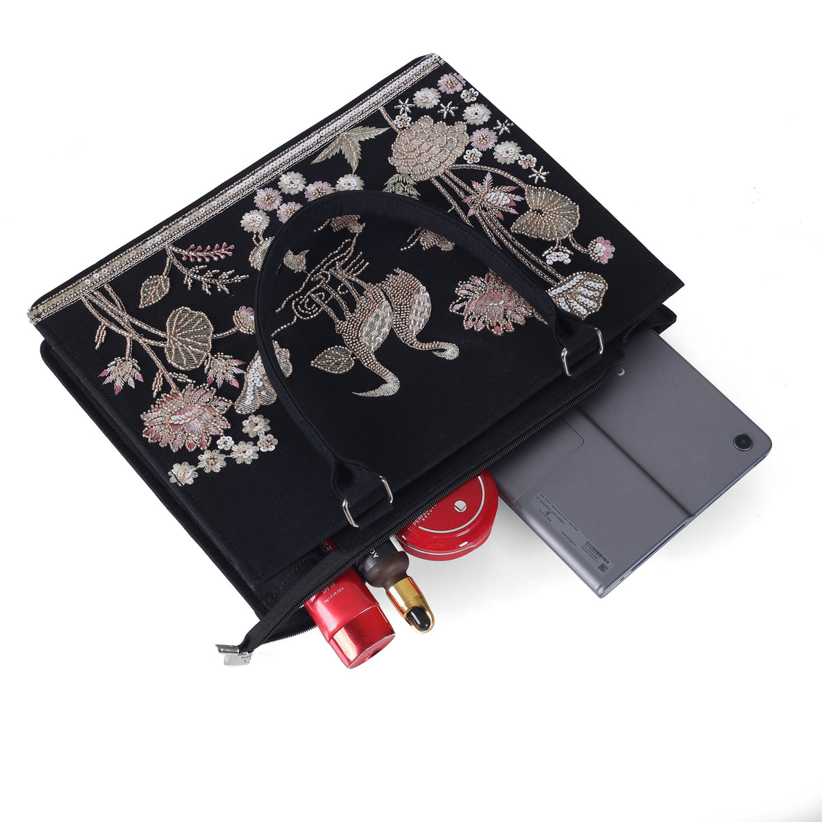 Elegant Black Crane & Lotus Embroidered Tote Bag