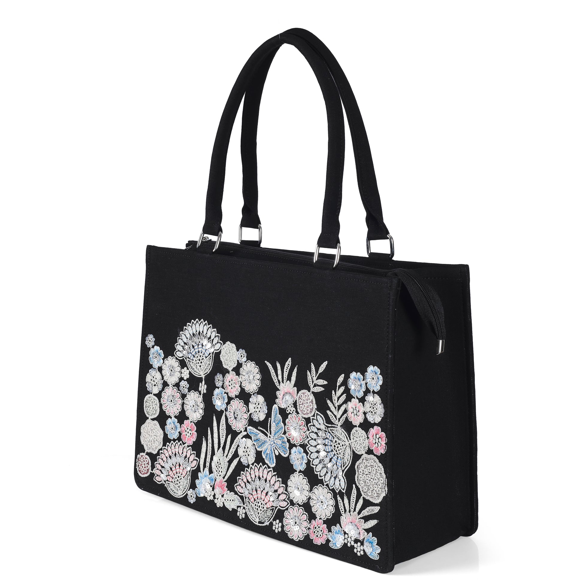 Elegant Black Floral & Butterfly Embroidered Tote Bag – product image 2