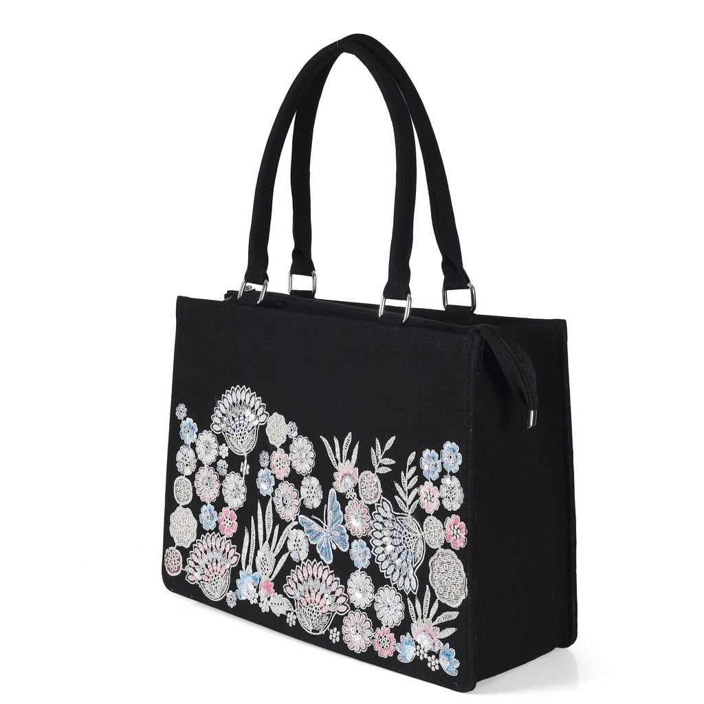 Elegant Black Floral & Butterfly Embroidered Tote Bag