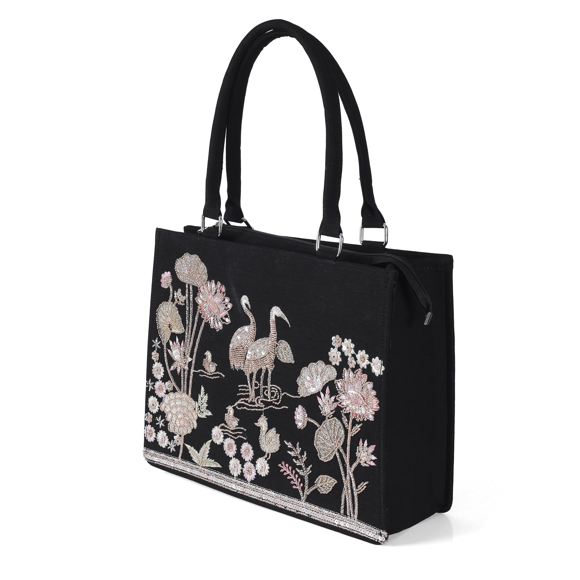 Elegant Black Crane & Lotus Embroidered Tote Bag – product image 4