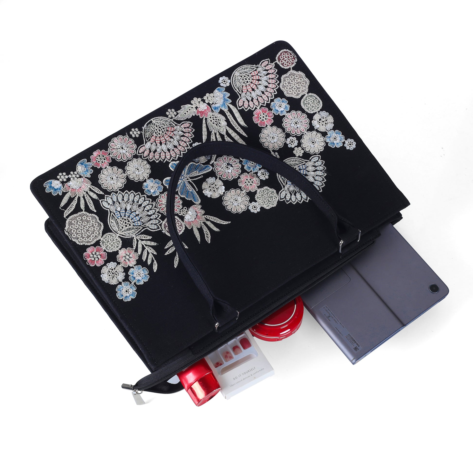 Elegant Black Floral & Butterfly Embroidered Tote Bag