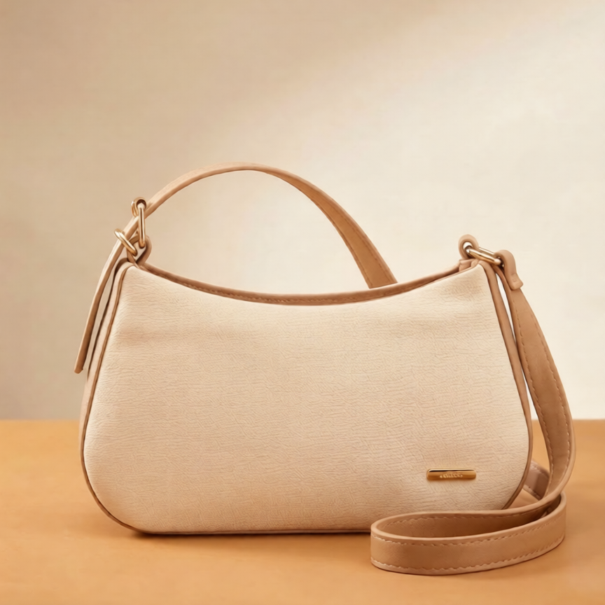 Ivory Cream Textured Shoulder Bag with Tan Trim