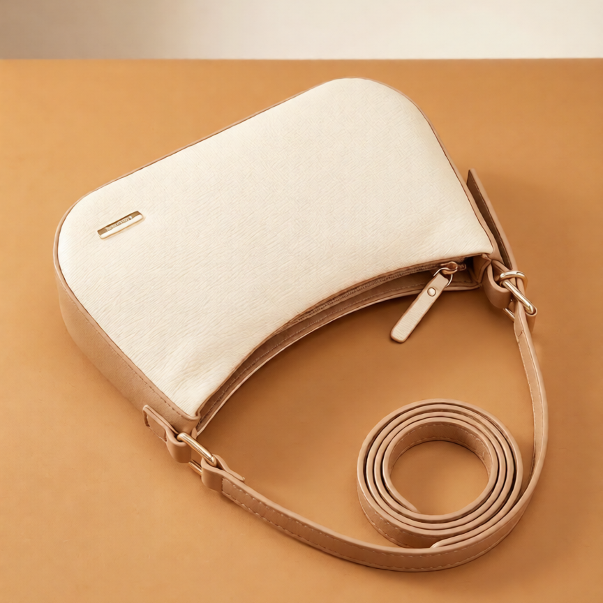 Ivory Cream Textured Shoulder Bag with Tan Trim