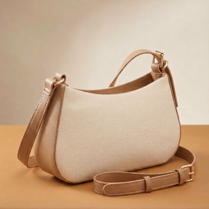 Ivory Cream Textured Shoulder Bag with Tan Trim