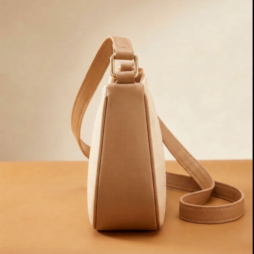 Ivory Cream Textured Shoulder Bag with Tan Trim