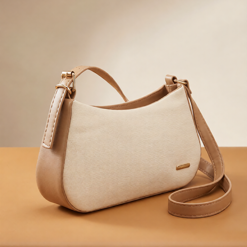 Ivory Cream Textured Shoulder Bag with Tan Trim