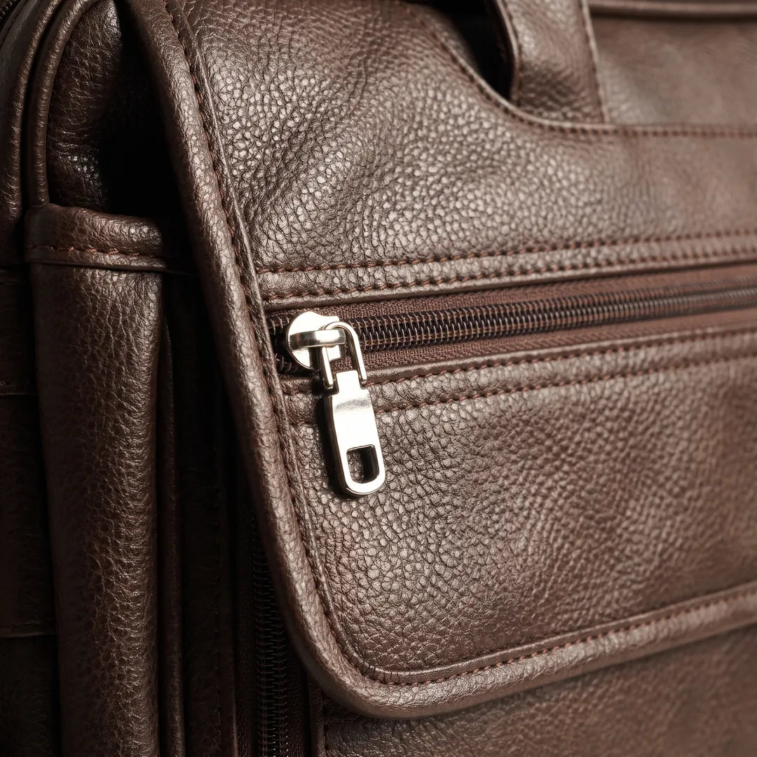 Premium Chocolate Brown Leather Laptop Briefcase - Hardware Detail