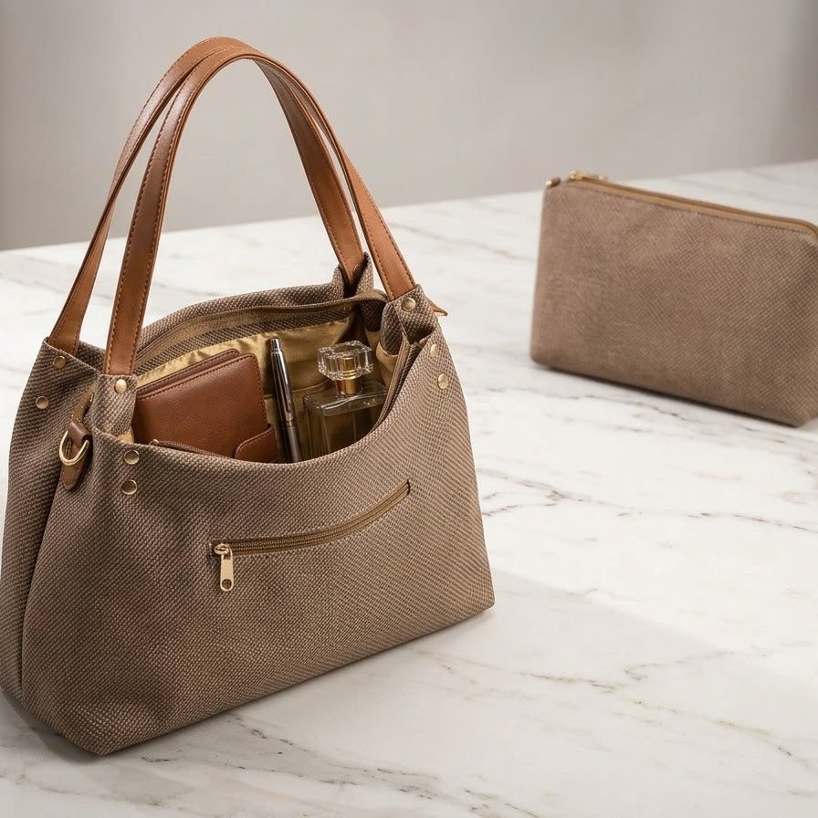 Luna Structured Tote in taupe with tan handles on marble surface