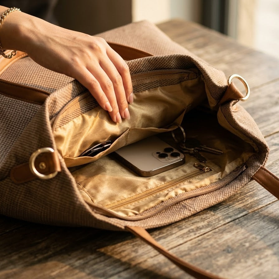 Luna Structured Tote interior and shoulder strap detail
