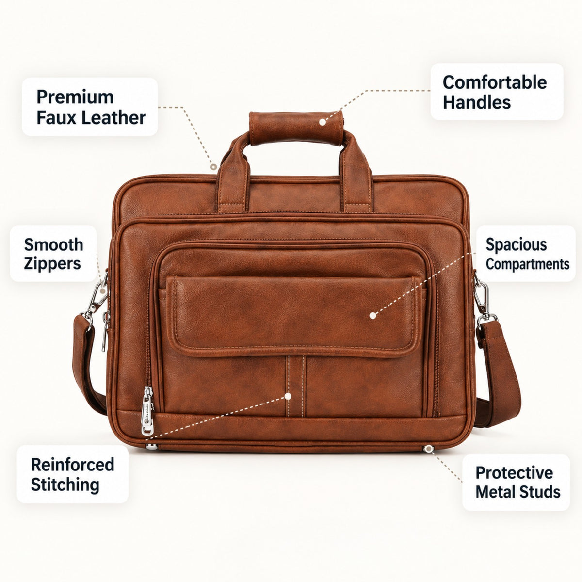 Brown SHANKH faux leather briefcase with labelled handles, zippers, compartments, stitching and protective metal studs